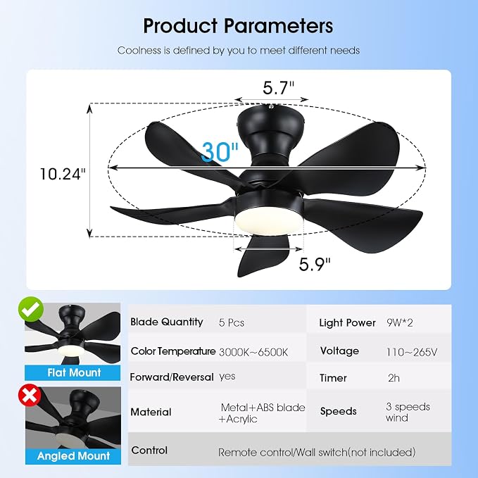Kviflon 30 Inch Ceiling Fans with Lights Remote Control, Low Profile Small Ceiling Fans with 5 Reversible Propeller Blades, 3 Colors Dimmable LED Lights, 6 Speeds for Bedroom Kids Room Kitchen, Black