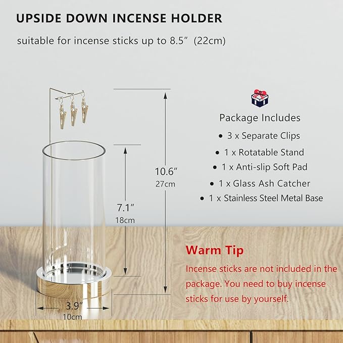 Incense Holder Ash Catcher - Upside Down Glass Incense Holder for Sticks, Reverse Inverted Anti Ash No Mess Insence-Stick Holder, Modern Metal Vertical Incense Burner for Room Decor, Silver