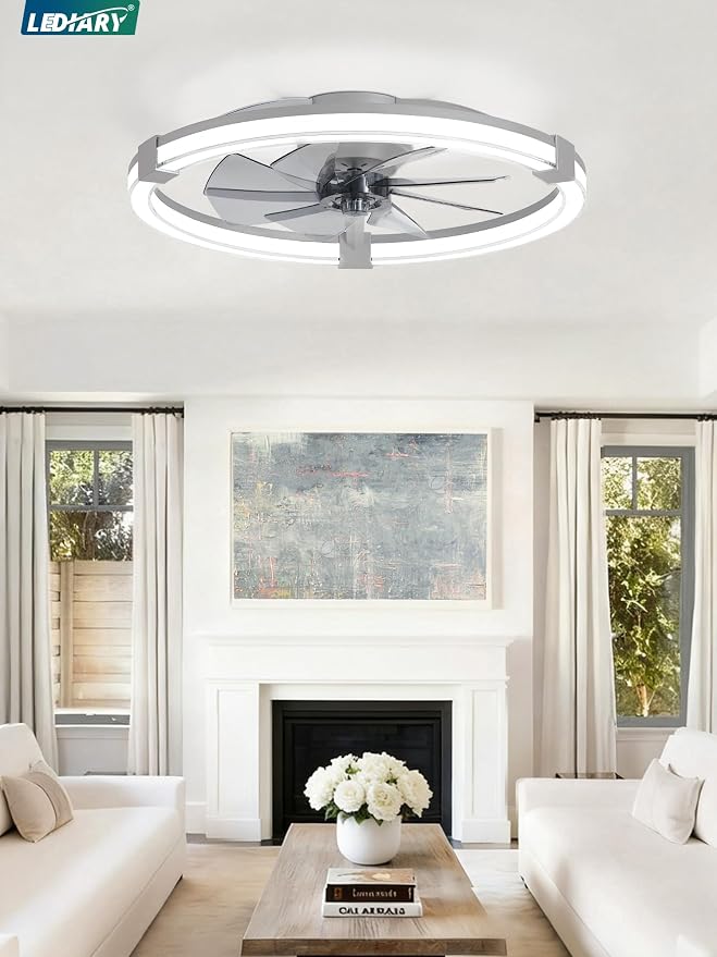 LEDIARY Ceiling Fans with Lights, 23 Inch Low Profile Ceiling Fan with Remote, 6 Speeds, Reversible, Dimmable Flush Mount Fan Light, Modern Fandelier Ceiling Fan with Lights for Bedroom, Grey