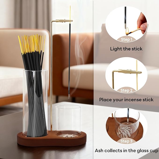 Incense Holder, 2 in 1 Incense Sticks Burner with Glass Ash Catcher & Stick Storage, Meditation Yoga Spa Gifts for Women, House Warming Gifts New Home Wooden Aesthetic Room Decor, Rustic Brown