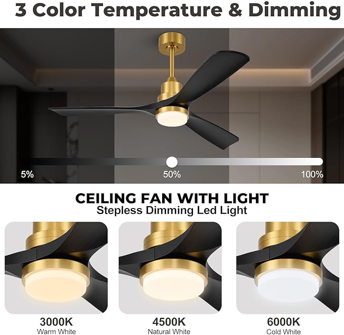 60 inch Smart Ceiling Fan with Lights,Outdoor Ceiling Fan 3 Wood Blades Compatible with Alexa/Gg Voice Control&App&Remote,Quiet DC Motor for Covered Patio Porch Bedroom,Black and Gold