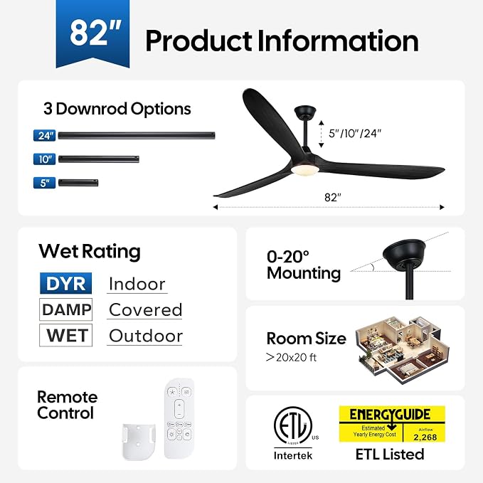 Ceiling Fans with Lights, 82 Inch Extra Large Black Ceiling Fan with Remote, 3 Wood Blades DC Motor, High CFM, Noiseless, Propeller Damp Rated Outdoor Ceiling Fan for Patios, Exterior