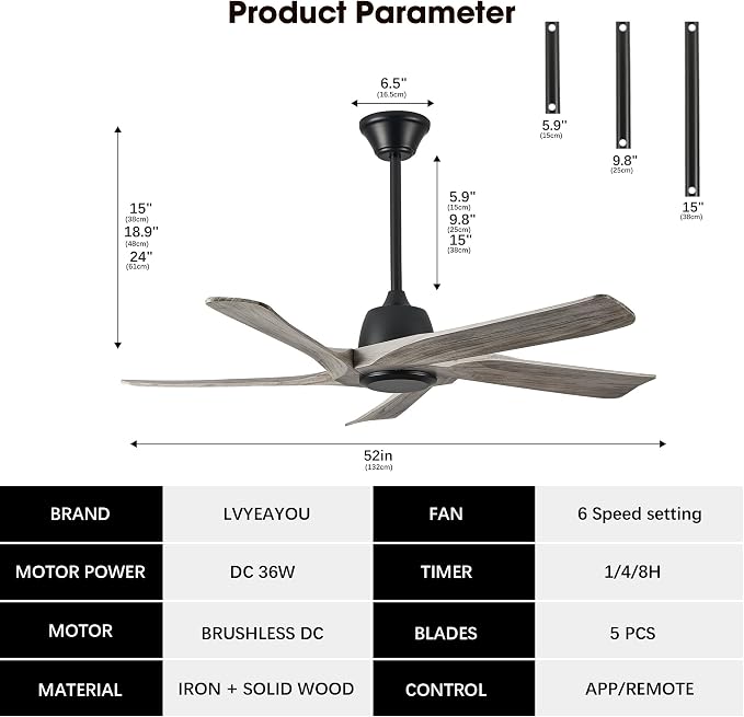 52“ DC Ceiling Fan without Light, 5 Solid Wood Fan Blades, Remote and APP Control, 6-speed Reversible, Noiseless Ceiling Fan No Lights for Bedroom, Living Room, Office, Greywood
