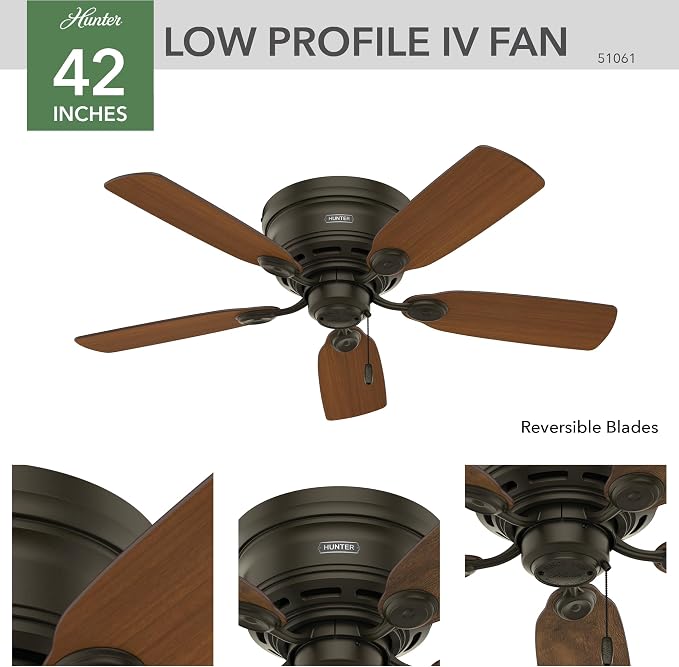 Hunter Low Profile IV, Indoor, Ceiling Fan, No Light, 42 inch, New Bronze | Low Profile Flush Mount, Pull Chain, 5 Blades, For Bedroom, Living Room, Kitchen, 51061