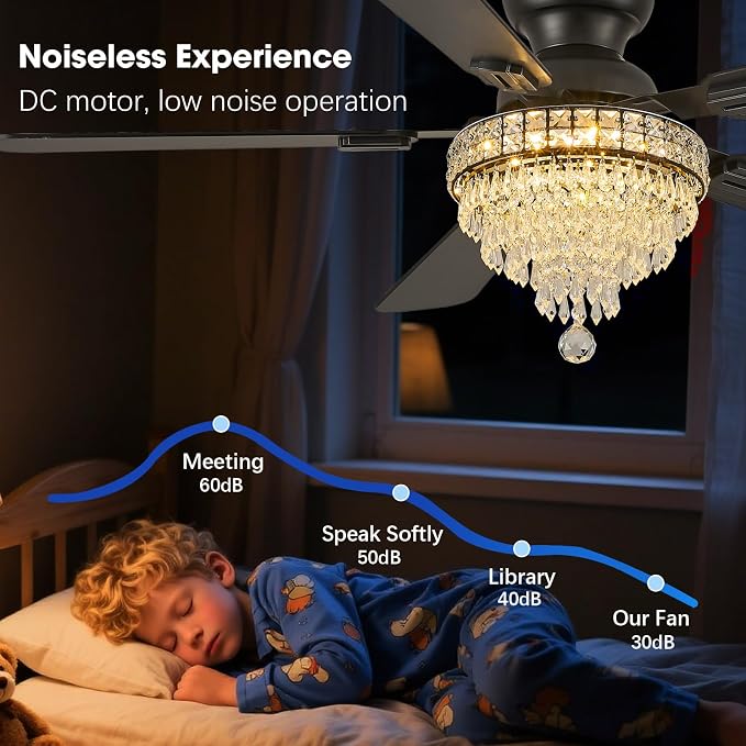 52“ Crystal Ceiling Fans with RGB Lights, Remote/App Control, Modern Fandelier Flush Mount, Reversible DC Motor, Dimmable, Noiseless Ceiling Fan for Bedroom, Living Room (Black)