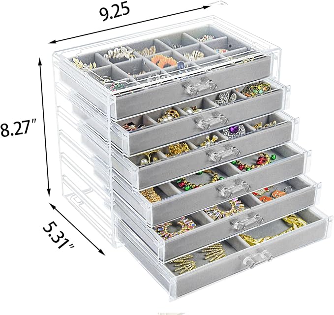 Watpot Acrylic Jewelry Box Organizer and Storage 6 Drawer for Earring Display Gray
