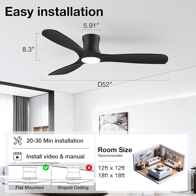 52” Smart Low Profile Ceiling Fans with Lights Remote,Wood Flush Mount Modern Ceiling Fan for Bedroom Living Room Patio,WIFI Alexa App Control,Outdoor Indoor Use,Matte Black,Ultra-Quiet,Dimmable LED