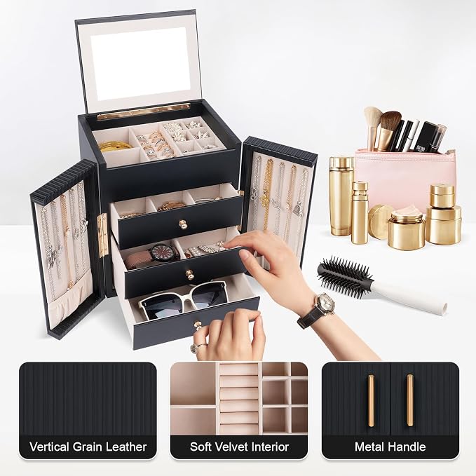 Dajasan Large Jewelry Box for Women, Jewelry Organizer Box with 3 Drawers, Jewelry Storage Organizer with Mirror for Necklace Ring Bracelet Watch, Gift Idea, 8.7 x 7.5 x 9.8 Inches (Black)
