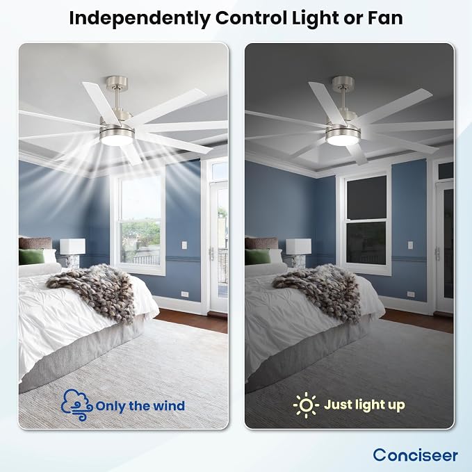 Conciseer 65 Inch Ceiling Fans with Lights and Remote for Bedroom Living Room Kitchen Office, Indoor/Outdoor Use, 3CCT Dimmable, 8 Blades 6 Speed Reversible Quiet DC Motor, Sand-nickel/White