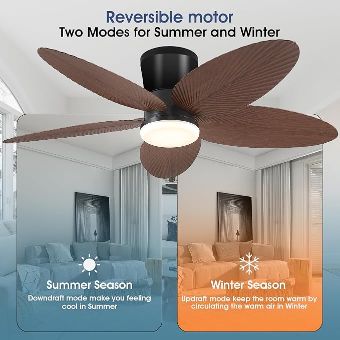 Surtime Palm Leaf Ceiling Fans with Lights-42 Tropical Ceiling Fan with Light and Remote/APP Control,Flush Mount Low Profile Ceiling Fans for Bedroom,Indoor/Outdoor Patio Use(Brown)