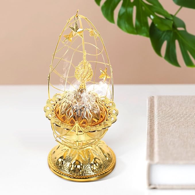 Zerodeko Arabic Incense Holder, Middle East Ramadan Incense Burner Arab Crescent Tea House Censer Handheld Aroma Furnace for Muslim Islam Festival Decoration Golden