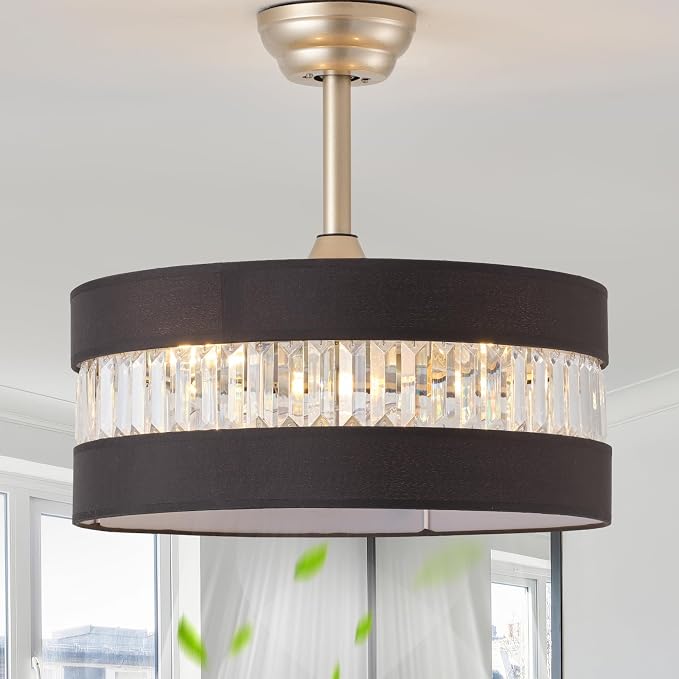 Black and Gold Crystal Fandelier Ceiling Fans with Lights, 20" Farmhouse Rustic Ceiling Fan with Light Remote Control, Caged Mid-Century with 6 Speeds for Bedroom, Nursery, Living Room