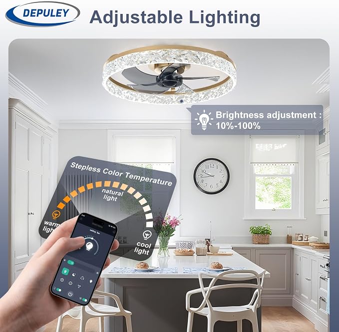 Depuley Ceiling Fans with Lights and Remote: 20" Modern Low Profile Flush Mount Ceiling Fan with App Remote Control - Gold Fandelier for Bedroom Living Room Kitchen Dimmable Quiet DC Motor