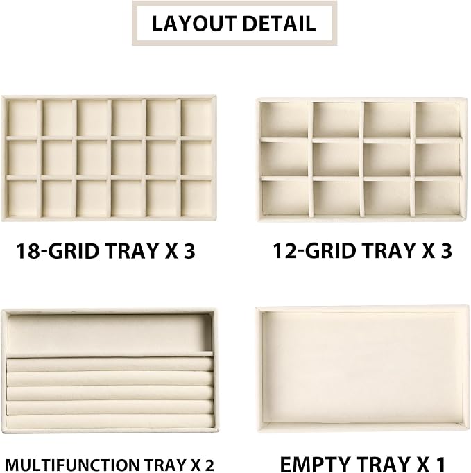 Frebeauty Jewelry Trays for Drawer,Set of 9 Jewelry Organizer and Storage | Velvet Material,Earring Holder Organizer,Stackable Jewelry Display for Vanity,Drawer Inserts for Rings,Studs,8.3×4.9 inch
