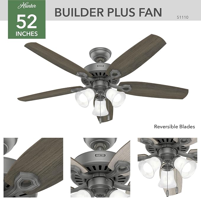 Hunter Builder Plus, Indoor, Ceiling Fan, Pull Chain, 52 inch, Matte Silver