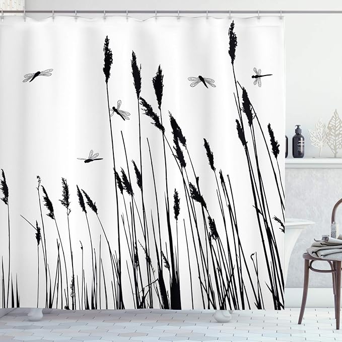 Ambesonne Dragonfly Shower Curtain, Wheat Field Autumn Agriculture Background Nature Harvest Bush Herbs Theme Art, Cloth Fabric Bathroom Decor Set with Hooks, 69" W x 84" L, White Black