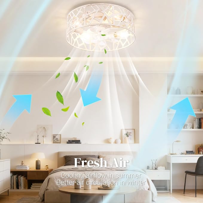 Flush Mount Fandelier Ceiling Fan with Lights and Remote, 18 inch Caged Ceiling Fan with Light Vintage White, Farmhouse Ceiling Fans for Bedroom, Kitchen, Living Room