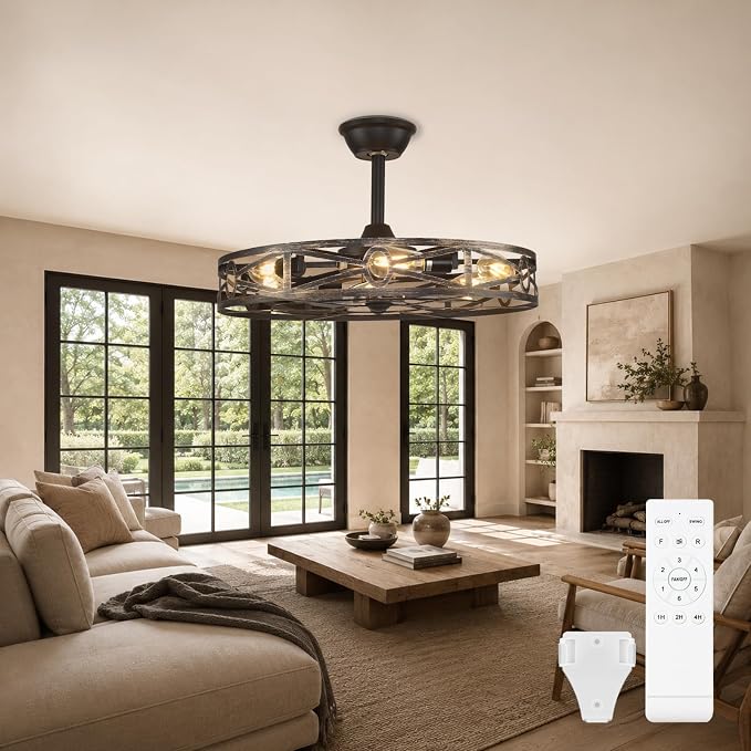 Depuley Caged Ceiling Fans with Light: 24-Inch Bronze Metal Enclosed Farmhouse Fandelier for Kitchen Bedroom - Industrial Semi Flush Mount Ceiling Fan with Remote 6 Speeds Reversible Motor Timer