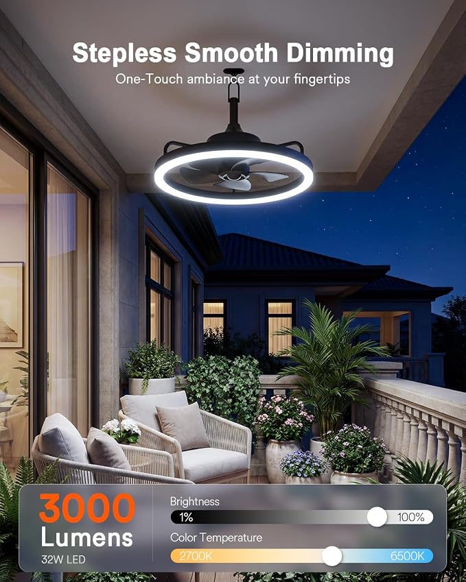 Lumary Smart Gazebo Ceiling Fans with Color Lights for Patios Outdoor, 20in | RGBAI+White Dimmable, Wi-Fi Bluetooth Connect, Work with Alexa/Google/APP, Waterproof Plug in Ceiling Fan with Hook/Remote