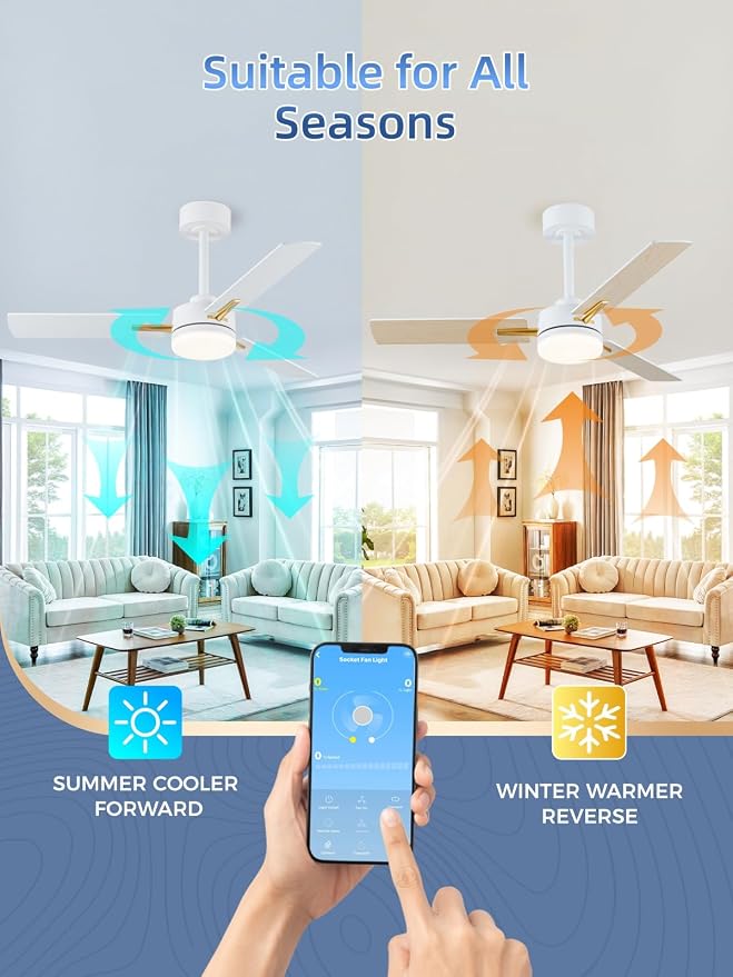 LANMEL 42 Inch Ceiling Fans with Lights, App&Remote Control, Low Profile Modern Ceiling Fan, 6 Speed, Reversible, 3000k-6500k Dimmable LED, Quiet DC Motor for Indoor Outdoor Use, Gold White