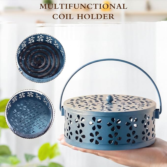 Lallisa 4 Pieces Mosquito Coil Holder Incense Coil Holder Retro Portable Round Metal Hanging Incense Burner Holders with Handle for Home Indoor Outdoor Camping Patio (Blue)
