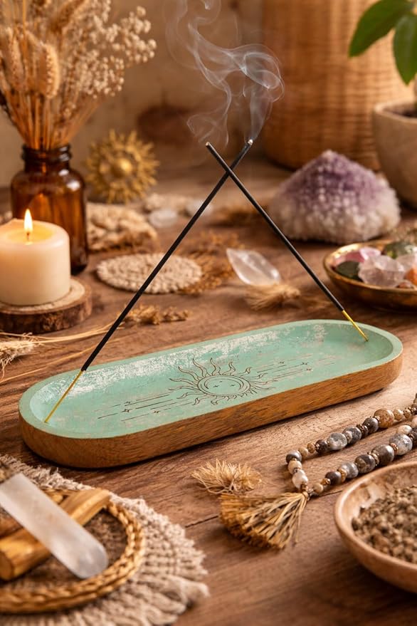 Handcrafted Wooden Incense Holder Inlay with Boat Shape Design Agarbatti Dhoop Stand Spiritual Sun and Moon Design Indian Traditional Festival Home Décor Meditation Pooja Use (Sky Blue)(Size:-11"X4")