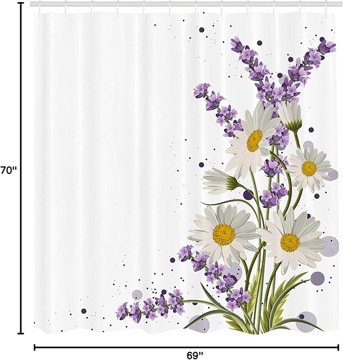 Ambesonne Lavender Shower Curtain, Vivid Bouquet with Daisies Color Slashes Scenic Modern, Cloth Fabric Bathroom Decor Set with Hooks, 69" W x 70" L, Green Marigold