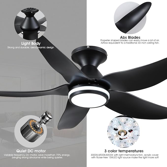 Kviflon 46 inch Ceiling Fans with Lights and Remote/APP Control, Modern Flush Mount Ceiling Fans with 5 Reversible Blades 6 Speeds, 3 Colors Dimmable+Ring Lights for Bedroom Dining Room, Black