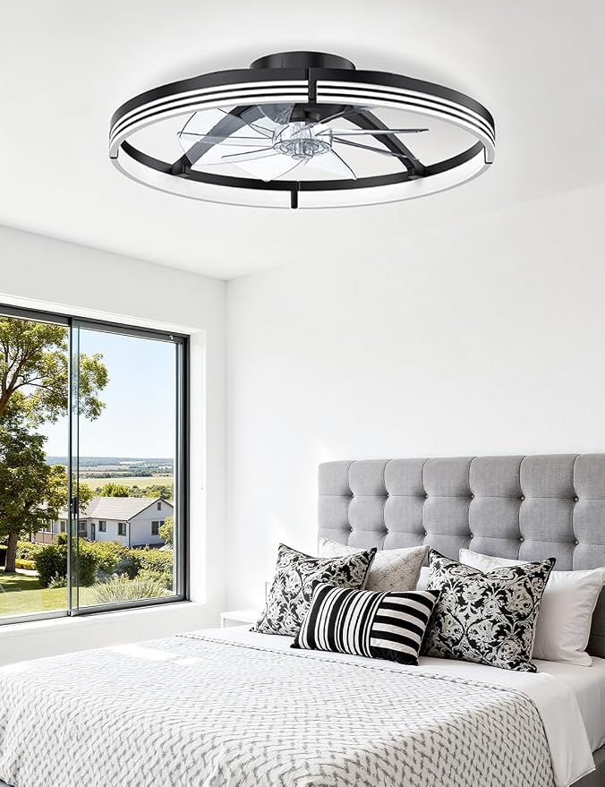 AKOFUN 24" Ceiling Fans with Lights and Remote, Low Profile Flush Mount Ceiling Fan with Light, 3000-6500K Dimmable LED Fan Light, Modern Bladeless Fandelier Ceiling Fans for Bedroom, Black Stripes