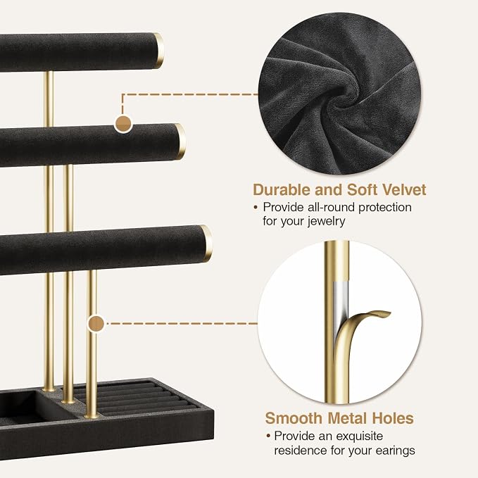 Jewelry Organizer Stand Display, 3 Tier Velvet Bracelet Holder, Black | Jewelry Organizers and Storage | Jewelry Tree | Jewelry Towers for Necklaces, Bracelets, Earrings, Rings