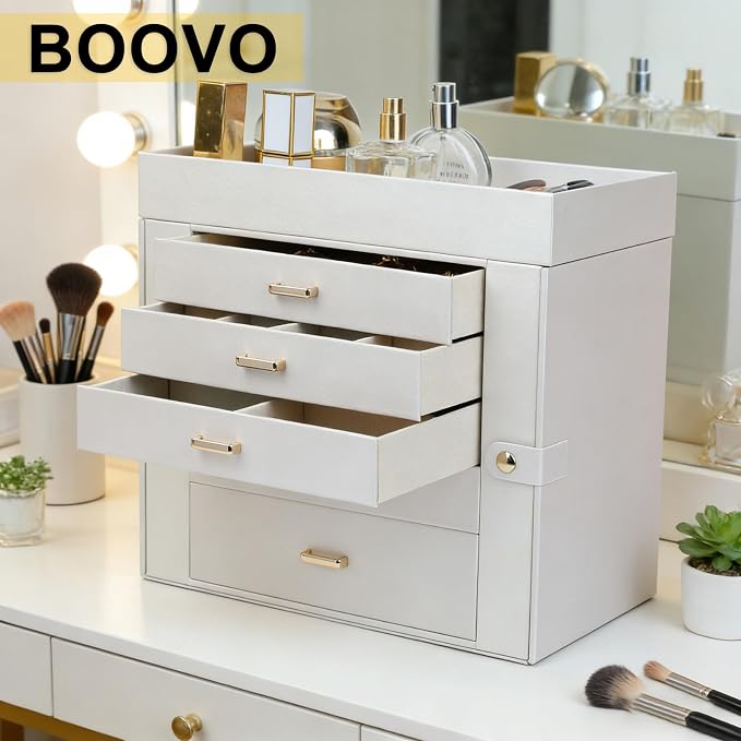 BOOVO Large Jewelry Boxes For Women (Pearl White, 6 Layer) | 6 Layers Jewelry Organizer Box With Cosmetic Storage Drawer, Necklace Ring Jewelry Organizer Box