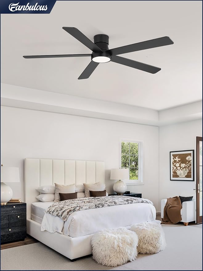 Fanbulous 60 Inch Ceiling Fans with Lights and Remote,Outdoor Indoor Modern Flush Mount Ceiling Fan with 3CCT 6-Speed Quiet DC Motor,Black Small Low Profile Ceiling Fan for Bedroom Living Room Office