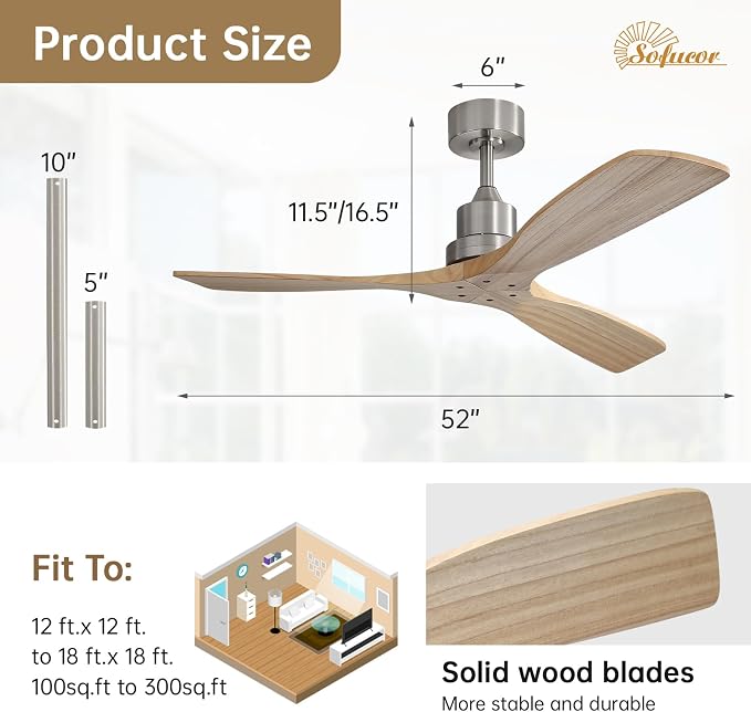 Sofucor 52 Inch Ceiling Fan No Light - Modern Solid Wood Ceiling Fan with Remote, 5000CFM High Airflow, Quiet DC Motor, 6 Speeds, Timer & Reversible for Bedroom Living Room, ETL, Wood