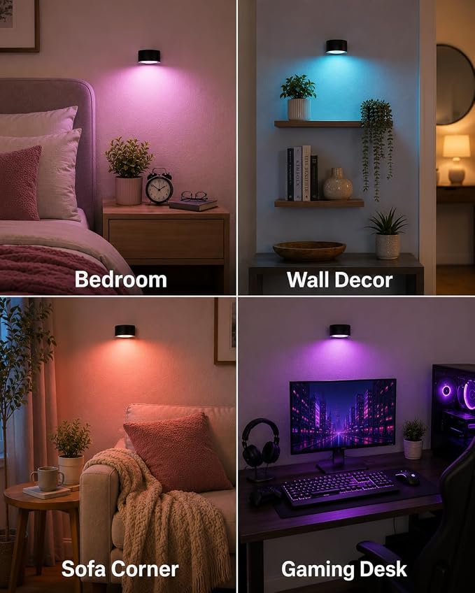LED Wall Mounted Lights, Rechargeable Wall Sconces, 3 Color Temps, Remote & Touch, 360° Rotating and Dimmable for Bedroom, Bedside & Reading (Black-RGB, 1 Pack)