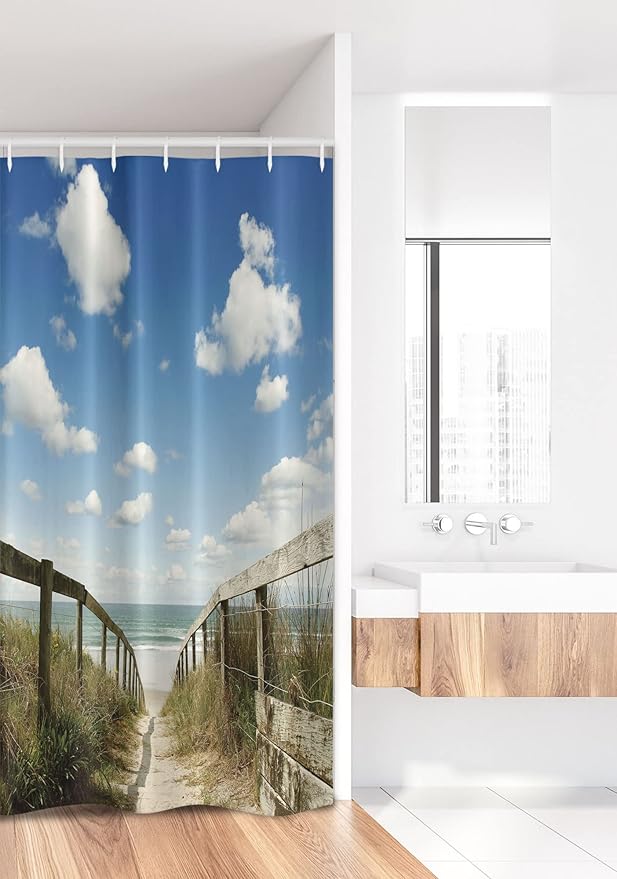 Ambesonne Beach Stall Shower Curtain, Sandy Path Leads to Ocean Pacific Puffy Clouds Vacation Serene Relaxing Beach, Fabric Bathroom Decor Set with Hooks, 36" W x 72" L, White Cream