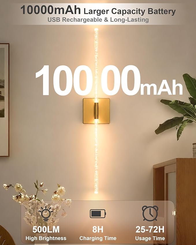 Crystal Wall Sconce Set of 2 Battery Operated: Gold 10000mAh Rechargeable Wireless Wall Lights, 360° Rotatable Magnetic Wall Lamp, 4CCT Dimmable LED Wall Lighting for Living Room Bedroom, 31.7in