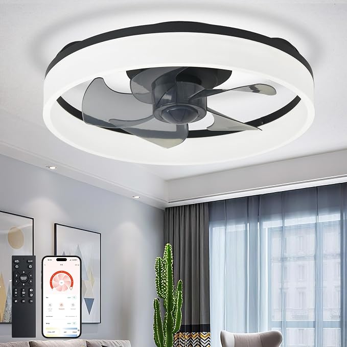DLLT LED Ceiling Fan with Light: 16" Modern Low Profile Flush Mount Fandelier with App & Remote Control - Dimmable Black Bladeless Fan Light Fixture for Bedroom Kids Room Living Room
