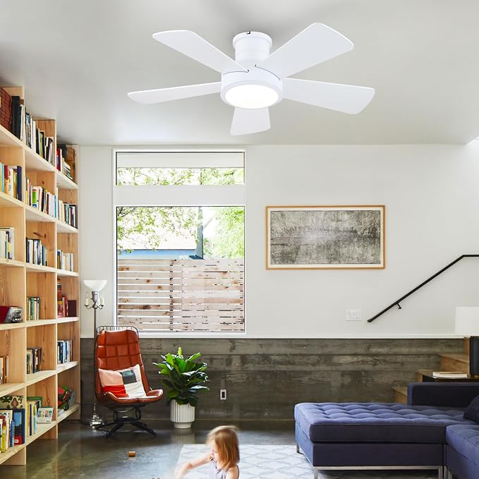 Hounberi 40 Inch Flush Mount Ceiling Fan with Lights and Remote, Modern Quiet DC Motor Low Profile Ceiling Fan for Low Ceilings, 5 Reversible Blades, 6 Speeds Dimmable, Indoor Outdoor Bedroom, White
