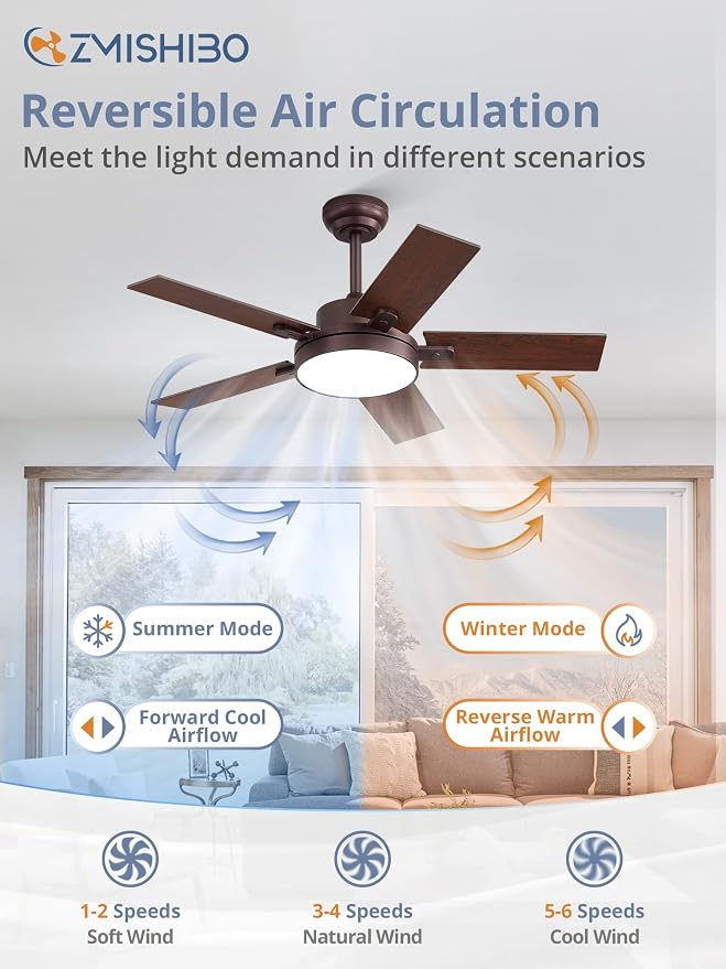 ZMISHIBO 42" Ceiling Fans with Lights, Smart Remote/APP Control, Farmhouse Ceiling Fan with 6 Speeds & 3CCT, Dimmable 30W LED, Quiet DC Motor, Noiseless for Living Room, Bedroom, Kitchen, Oil Bronze