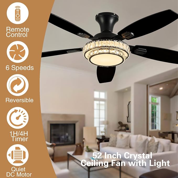 Ceiling Fans with Lights - Crystal Ceiling Fan, 52" Low Profile and Remote Control, Flush Mount, Reversible, 3CCT, Dimmable, Noiseless, Black Ceiling Fan for Bedroom