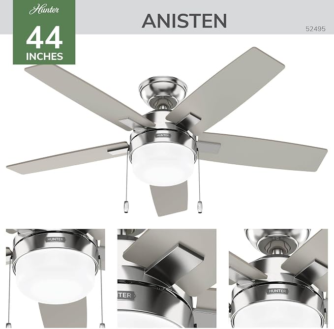 Hunter 44" Anisten Indoor Ceiling Fan, Light, Pull Chain, Brushed Nickel | WhisperWind whisper-quiet motor, DuraLight lens, and 3" downrod support bedrooms, offices, and small rooms year-round.