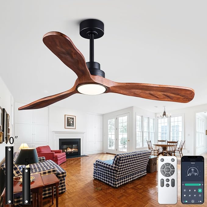 52 In Wood Ceiling Fan with Light,Noiseless Reversible DC Motor with Remote | tung walnut wood blades, ultra quiet dc motor, remote control, dimmable 3cct led, indoor outdoor for patio office farmhouse
