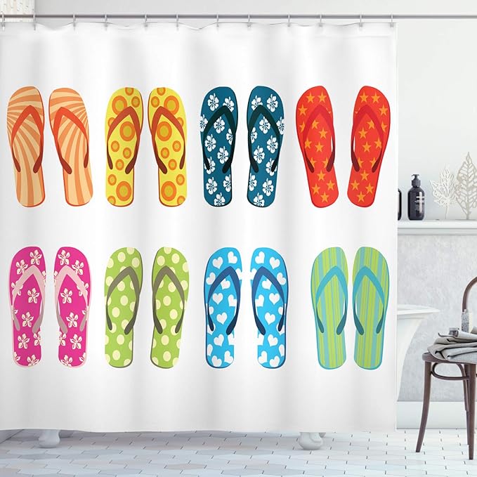 Ambesonne Summer Shower Curtain, Holiday Themed Slippers with Hearts Dots and Stars Pattern Cartoon Illustration, Cloth Fabric Bathroom Decor Set with Hooks, 69" W x 75" L, Yellow Green White