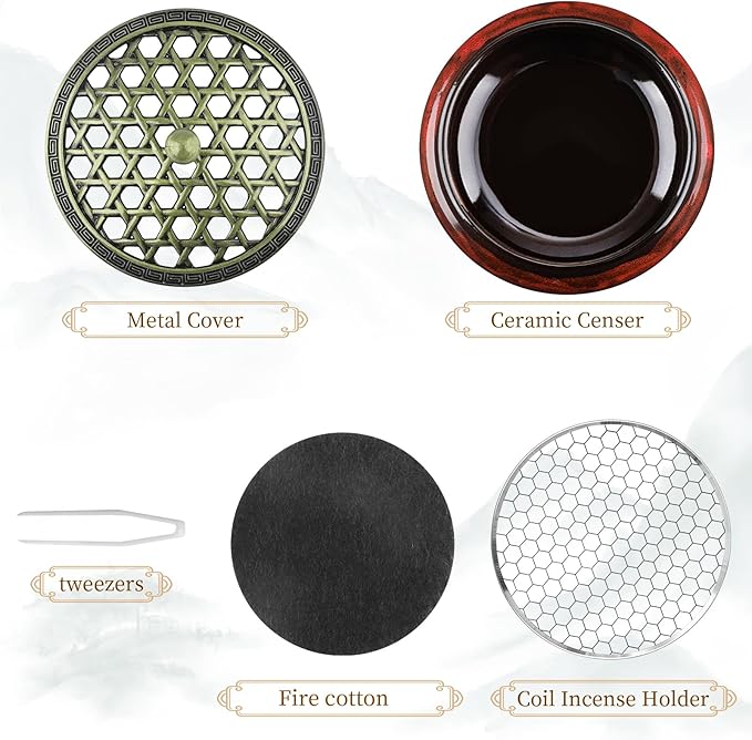Ceramic Incense Burner for Cone and Backflow Incense, Metal Lid, Stainless Steel Incense Holder, Incense Bowl with Incense Cone Holder & Burner Holder (Fambe Red)