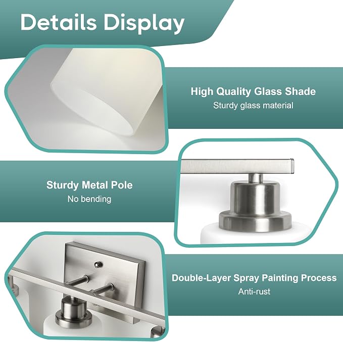 Ascher Bathroom Light Fixtures, 3-Light Vanity Light Over Mirror, Brushed Nickel Wall Sconces with Milky White Frosted Glass Shades, Wall Lamp for Living Room Bedroom, E26 Base(Bulbs Not Included)