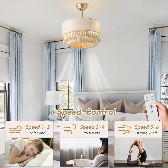 20" Gold Boho Fandelier Ceiling Fan with Light, Gold Boho Chandelier Ceiling Fans with Lights Remote Control, Caged 6-Speed for Bedroom, Nursery, Living Room