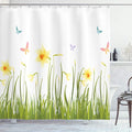 Ambesonne Daffodils Shower Curtain, Daffodil Field with Butterflies Meadow and Grass Springtime Park Easter Print, Cloth Fabric Bathroom Decor Set with Hooks, 69" W x 84" L, Green Yellow