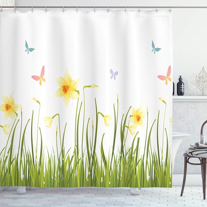 Ambesonne Daffodils Shower Curtain, Daffodil Field with Butterflies Meadow and Grass Springtime Park Easter Print, Cloth Fabric Bathroom Decor Set with Hooks, 69" W x 84" L, Green Yellow