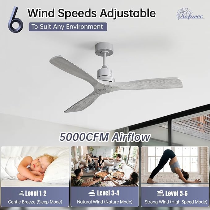 Sofucor 52 Inch Smart Ceiling Fans without Light-Modern Solid Wood Outdoor 3 Blades Ceiling Fan No Light APP Remotel Control for Bedroom Living Room Indoor Farmhouse Patio, Quiet DC Motor,Silver&Grey