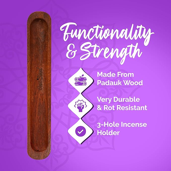 Wooden Ash Catcher & Incense Holder for Sticks, Incense Stick Holder for Mess-Free Incense Storage, Incenses Burner Made of Padauk Wood, with 3 Holes, 9 Inches - OneSoul Collection